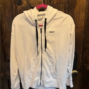 DKNY White Hoodie with Black Drawcords and Pink Trim